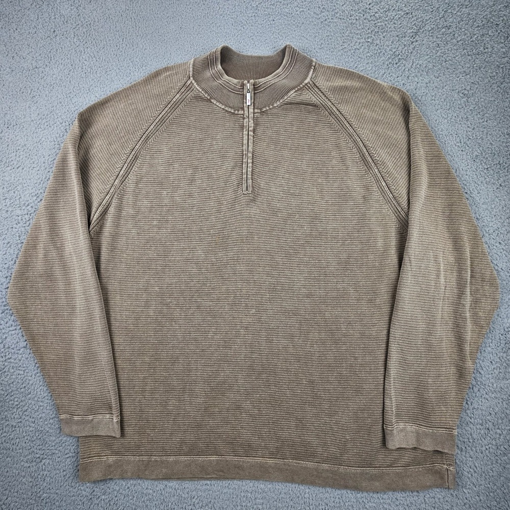 Tommy Bahama Relax Pullover Men 3XB Brown Cotton Ribbed Quarter Zip Sweater - Picture 2 of 7